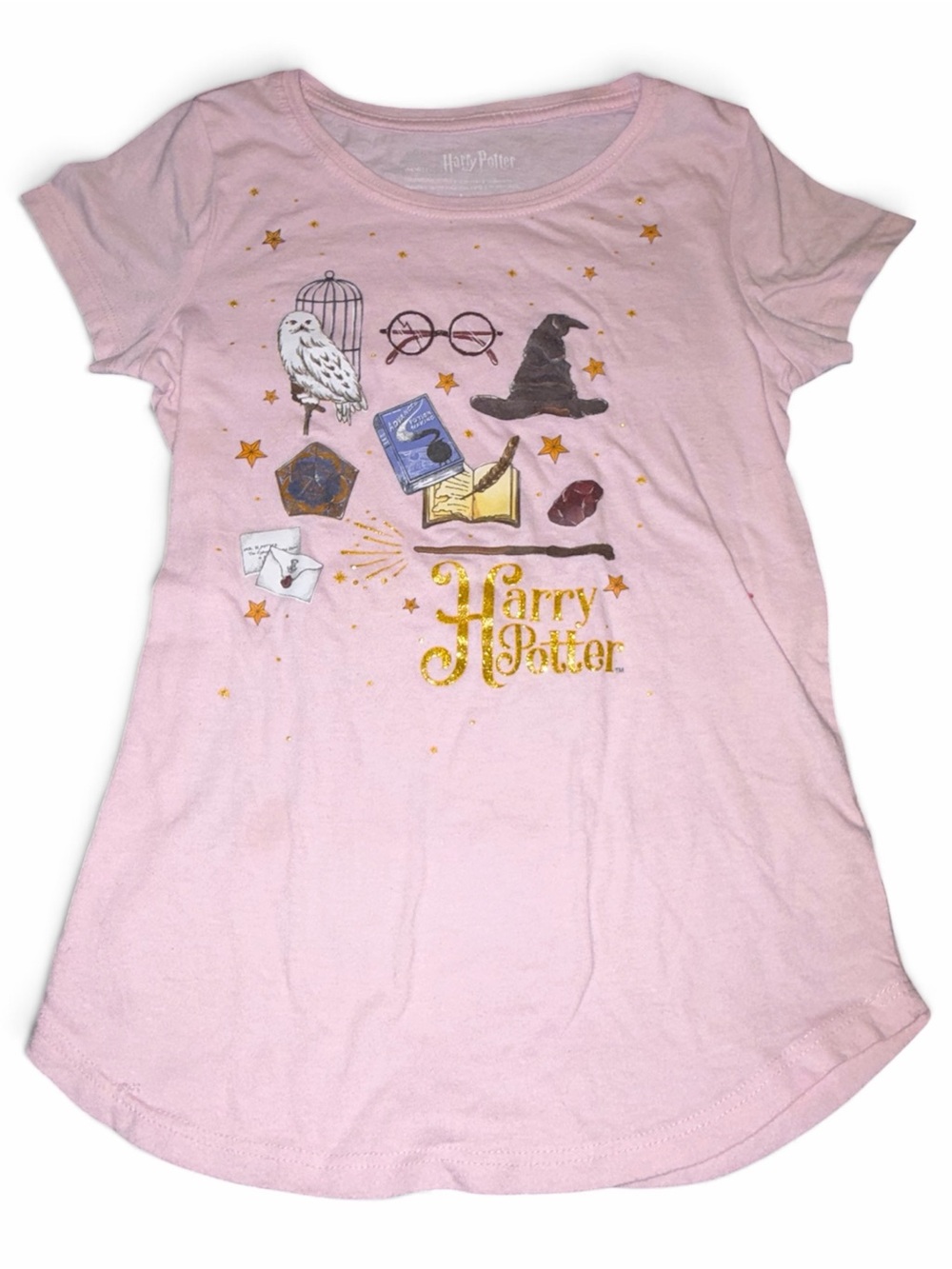 Harry Potter Girls' Pink Short Sleeve Graphic Tee with Gold Accents